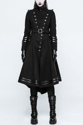 Black Military Uniform Double Breasted Womens Long Gothic Coat With Belt